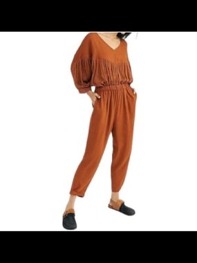 Free People Rust V-Neck Elastic-Waist Jumpsuit
